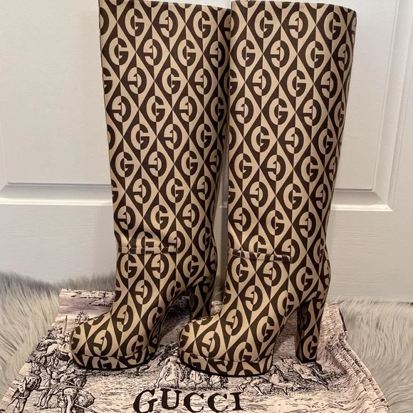 GUCCI Fabric G Rhombus Print Platform Boots Size EU37.5/ US7.5 Beige Cocoa - Picture 4 of 16